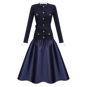 Aurohaya Fern Navy Blue Satin Panel Knit Midi Dress