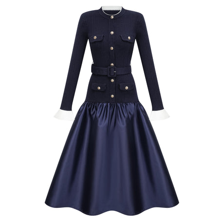 Aurohaya Fern Navy Blue Satin Panel Knit Midi Dress