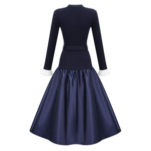 Aurohaya Fern Navy Blue Satin Panel Knit Midi Dress