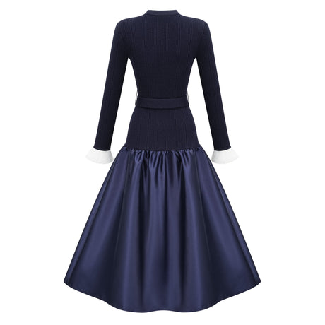 Aurohaya Fern Navy Blue Satin Panel Knit Midi Dress