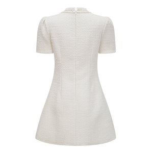 Aurohaya Gaëlle White Faux Pearl Tweed Mini Dress