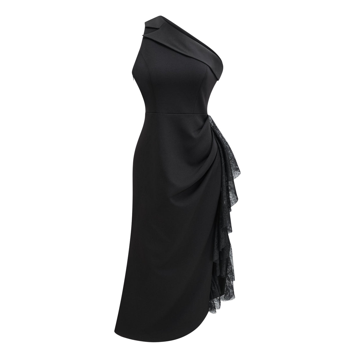 Aurohaya Bernadette black lace-panell asymmetrical midi dress