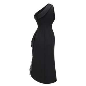 Aurohaya Bernadette black lace-panell asymmetrical midi dress
