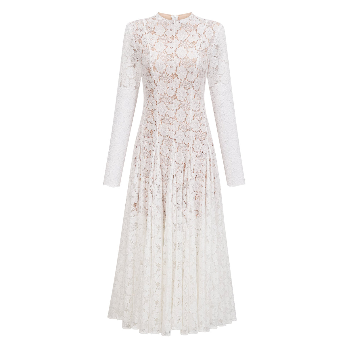 Aurohaya Bronte White Pleated Floral Lace Midi Dress