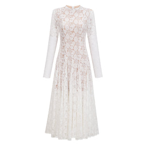 Aurohaya Bronte White Pleated Floral Lace Midi Dress