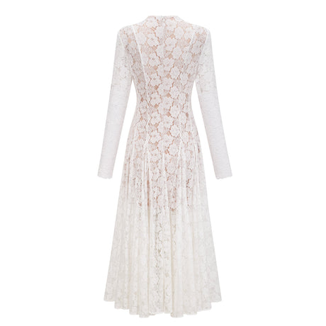 Aurohaya Bronte White Pleated Floral Lace Midi Dress