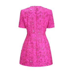 Aurohaya Celestia Floral-Appliqué Embellished Mini Dress in Pink
