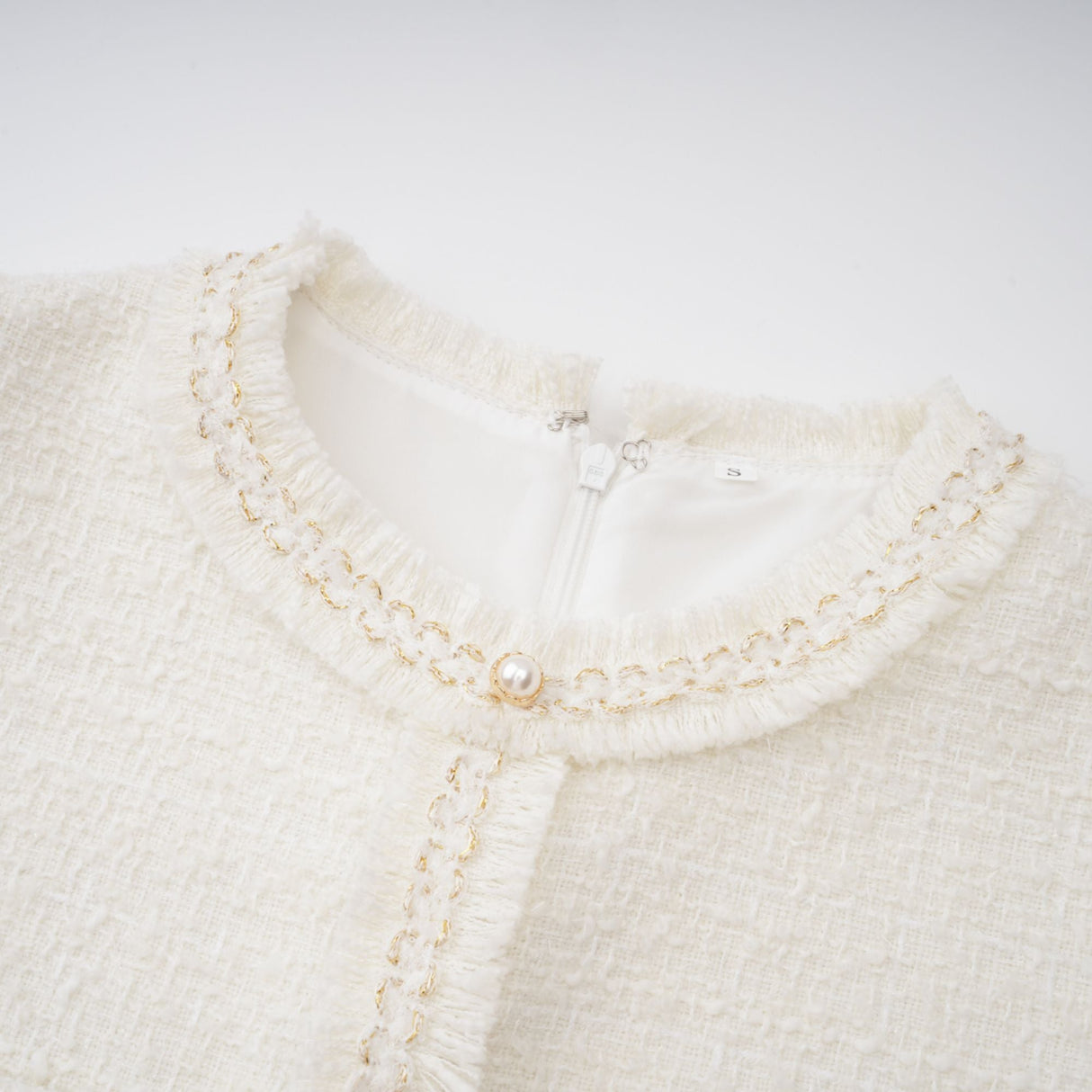 Aurohaya Gaëlle White Faux Pearl Tweed Mini Dress