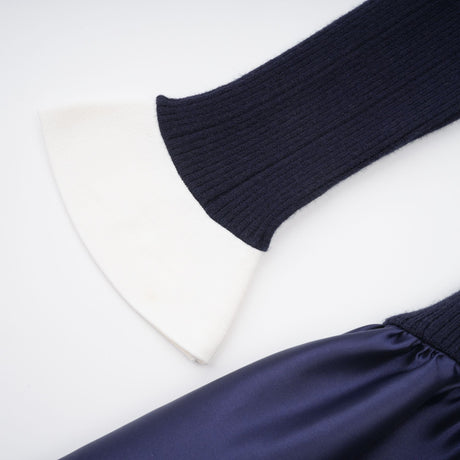 Aurohaya Fern Navy Blue Satin Panel Knit Midi Dress