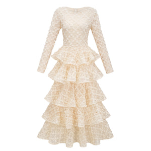 Aurohaya Halla Neutral Tiered Floral Lace Maxi Dress