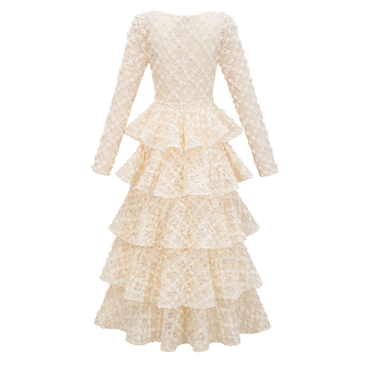 Aurohaya Halla Neutral Tiered Floral Lace Maxi Dress