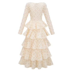 Aurohaya Halla Neutral Tiered Floral Lace Maxi Dress
