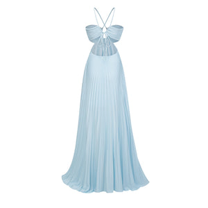 Aurohaya Andréa Blue Pleated Maxi Dress with Cutout Detail