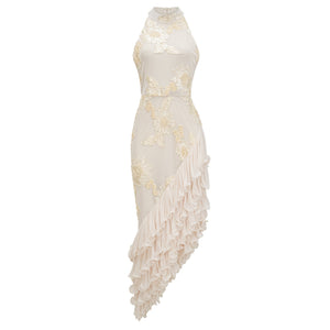 Aurohaya Théoline Neutral Asymmetrical Ruffled Floral Midi Dress