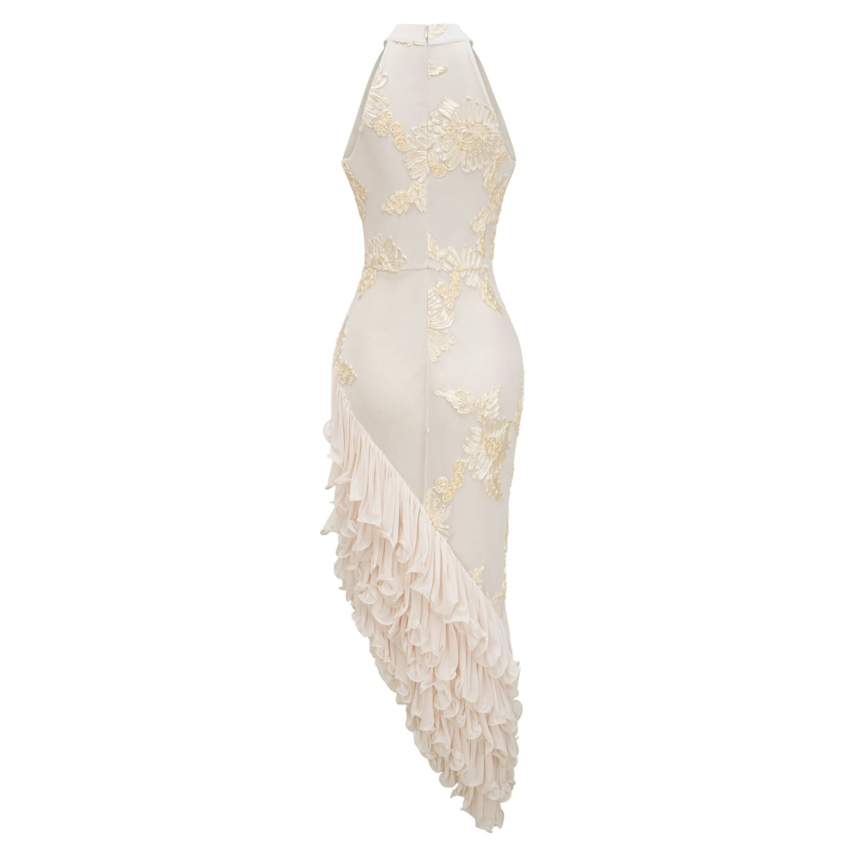 Aurohaya Théoline Neutral Asymmetrical Ruffled Floral Midi Dress
