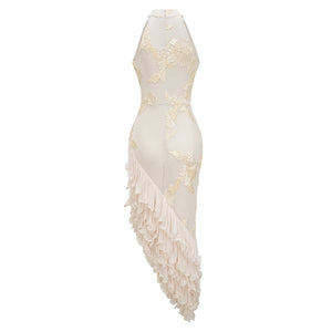 Aurohaya Théoline Neutral Asymmetrical Ruffled Floral Midi Dress