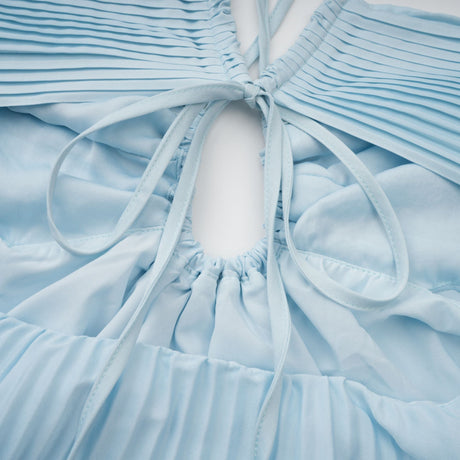 Aurohaya Andréa Blue Pleated Maxi Dress with Cutout Detail