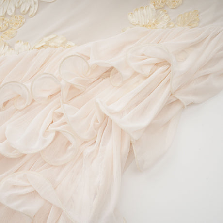 Aurohaya Théoline Neutral Asymmetrical Ruffled Floral Midi Dress