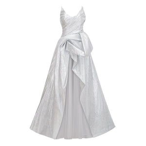 Aurohaya Adina Silver Glossy Asymmetrical Ruched Gown