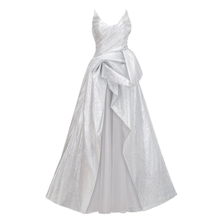 Aurohaya Adina Silver Glossy Asymmetrical Ruched Gown