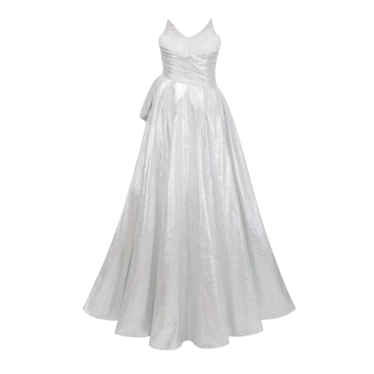 Aurohaya Adina Silver Glossy Asymmetrical Ruched Gown