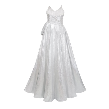 Aurohaya Adina Silver Glossy Asymmetrical Ruched Gown