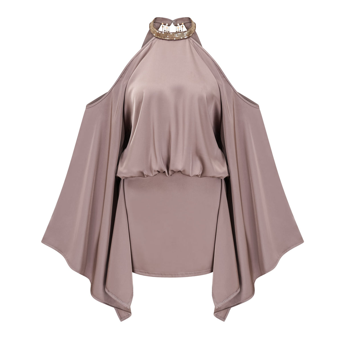 Aurohaya Jimena Brown Cold Shoulder Embellished Mini Dress