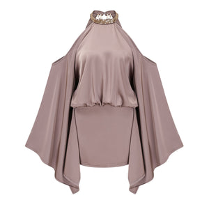 Aurohaya Jimena Brown Cold Shoulder Embellished Mini Dress