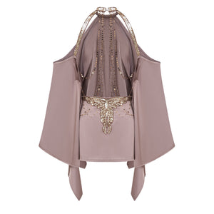 Aurohaya Jimena Brown Cold Shoulder Embellished Mini Dress