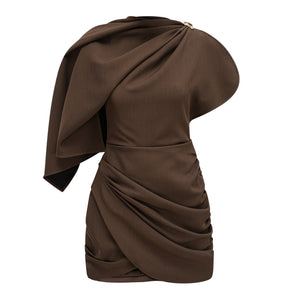 Aurohaya Francesca Brown Asymmetrical Gathered Mini Dress