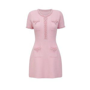 Aurohaya Eugénie pink beaded knit mini dress
