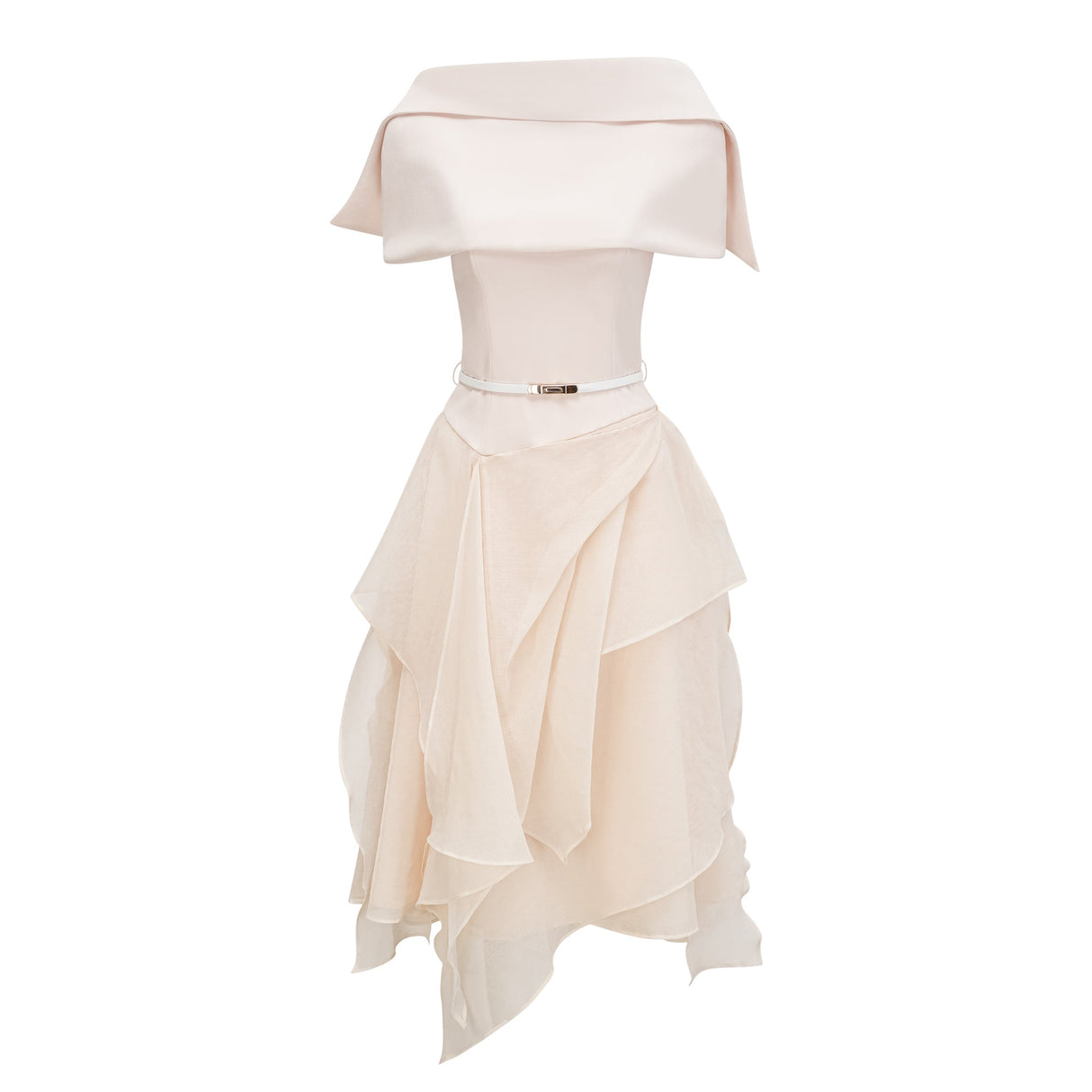Aurohaya Aria White Asymmetrical Shawl & Tulle Panel Dress Set