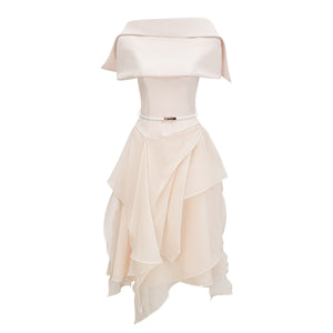 Aurohaya Aria White Asymmetrical Shawl & Tulle Panel Dress Set