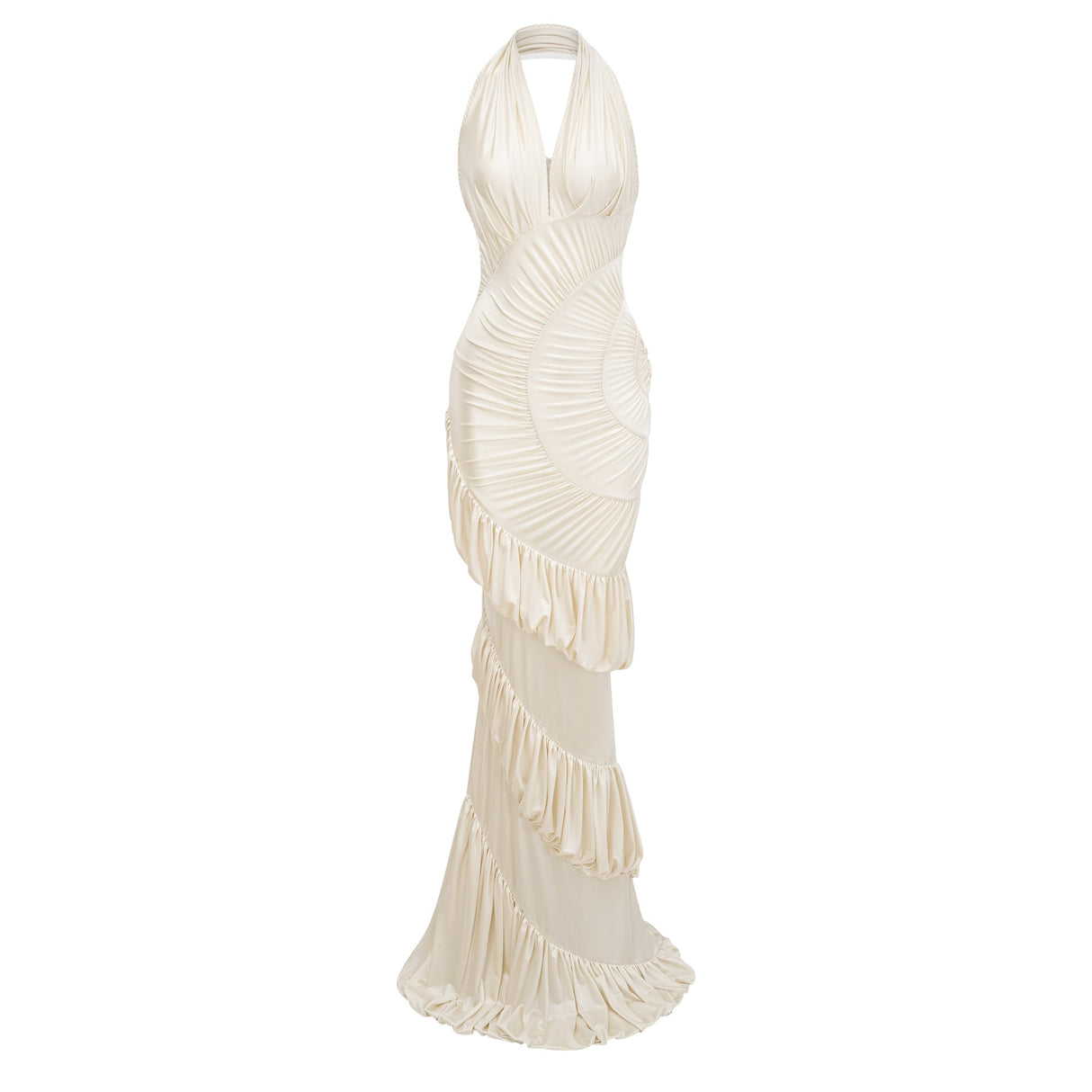 Aurohaya Vilhelmiina Cream White Halterneck Shirred Maxi Dress
