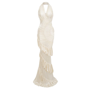 Aurohaya Vilhelmiina Cream White Halterneck Shirred Maxi Dress