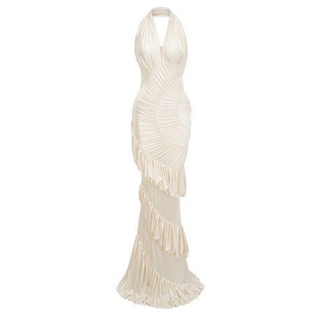 Aurohaya Vilhelmiina Cream White Halterneck Shirred Maxi Dress