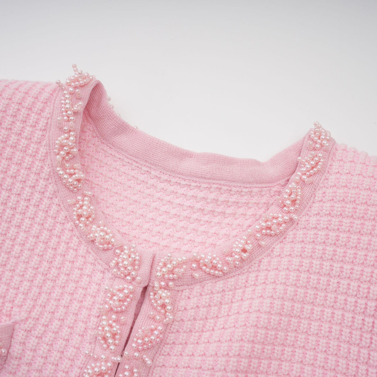 Aurohaya Eugénie pink beaded knit mini dress