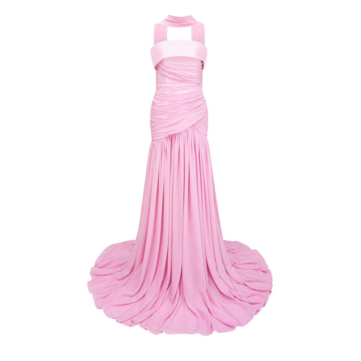 Aurohaya Laetitia Pink Pleated Train Ruched Maxi Dress