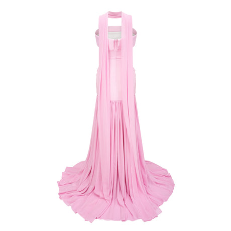 Aurohaya Laetitia Pink Pleated Train Ruched Maxi Dress