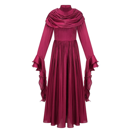 Aurohaya Danuta Burgundy Ruched Pleated Maxi Dress