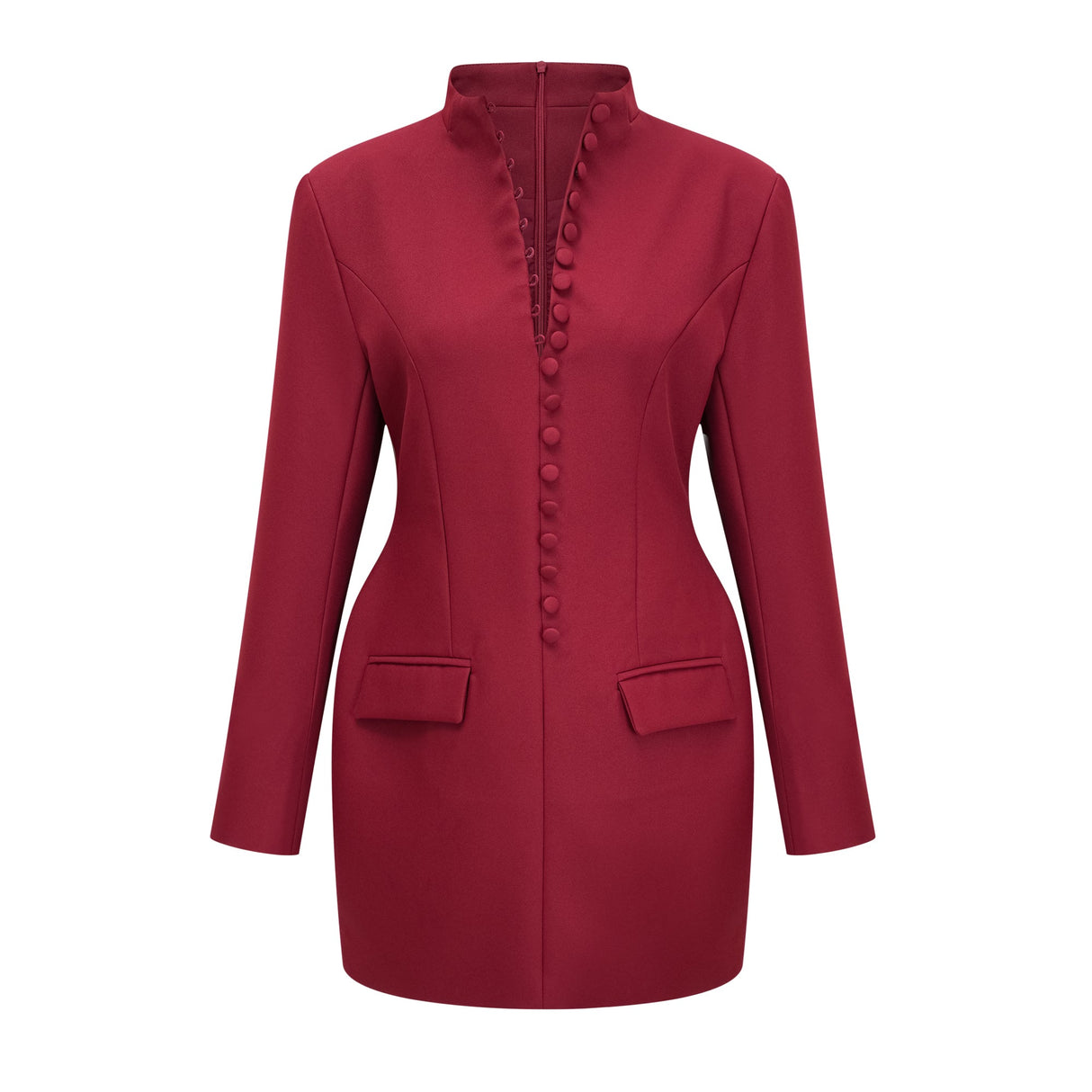 Aurohaya Valeria Burgundy Stand Collar Long Sleeve Mini Dress