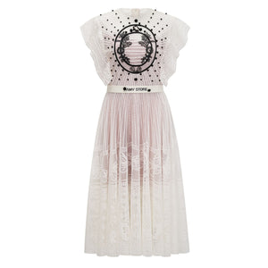 Aurohaya Phoebe white jacquard floral-lace pleated midi dress