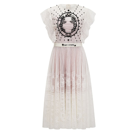 Aurohaya Phoebe white jacquard floral-lace pleated midi dress
