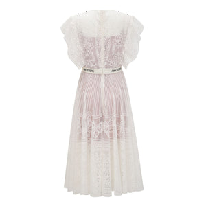Aurohaya Phoebe white jacquard floral-lace pleated midi dress