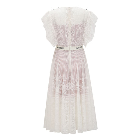 Aurohaya Phoebe white jacquard floral-lace pleated midi dress