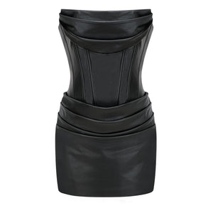 Aurohaya Agnes Black Ruched Leather Bodycon Mini Dress