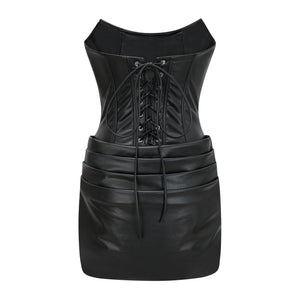 Aurohaya Agnes Black Ruched Leather Bodycon Mini Dress