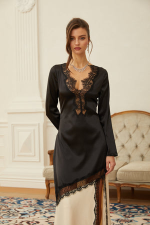 Aurohaya Raphaëlle Neutrals Lace Panel Satin Maxi Dress