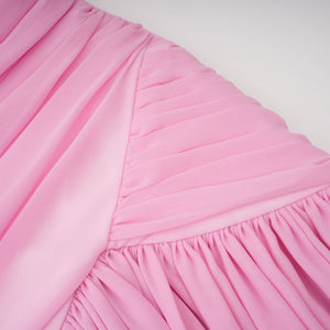 Aurohaya Laetitia Pink Pleated Train Ruched Maxi Dress