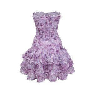 Aurohaya Mylène purple 3D-petal tiered tulle mini dress